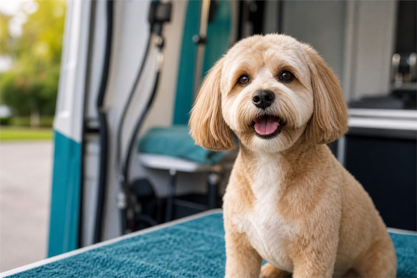 Freshly groomed happy dog sitting in a clean mobile grooming van.
