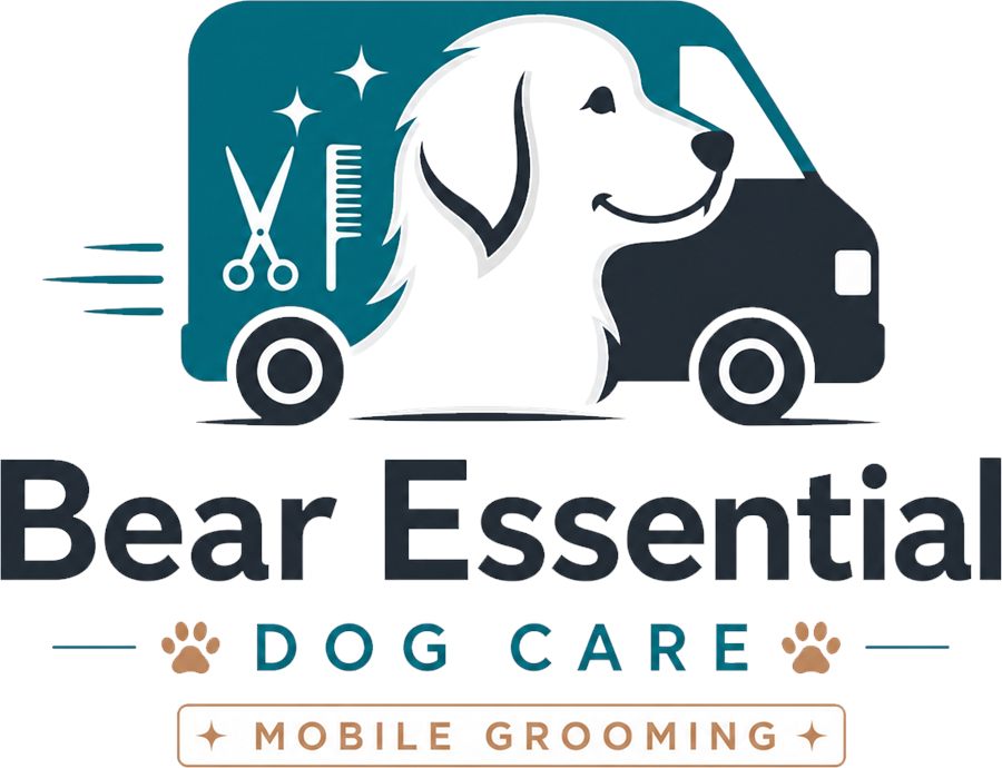 Bear Essential Dog Care Mobile Grooming logo with a dog and grooming van.